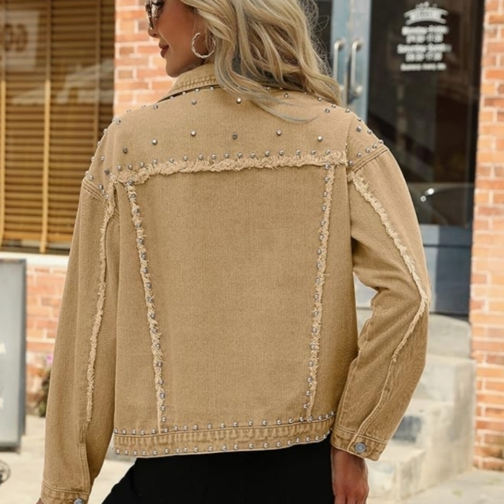 NWT Dressy Rivet Studded Tan Cropped Jean Jacket  Western Distressed - Picture 4 of 9